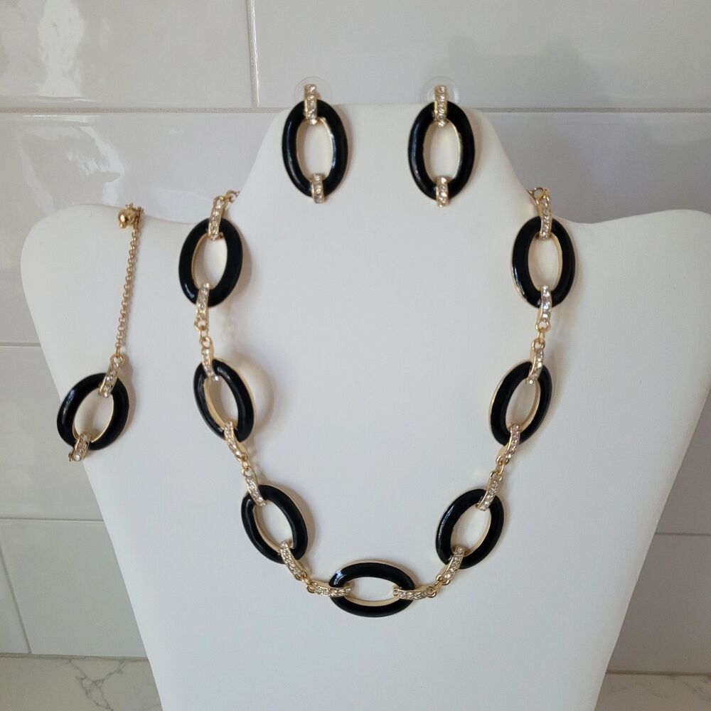 3 Pc Set Black Enamel Gold Tone Link Necklace Set Rhinestone Chunky 16-19" Vtg